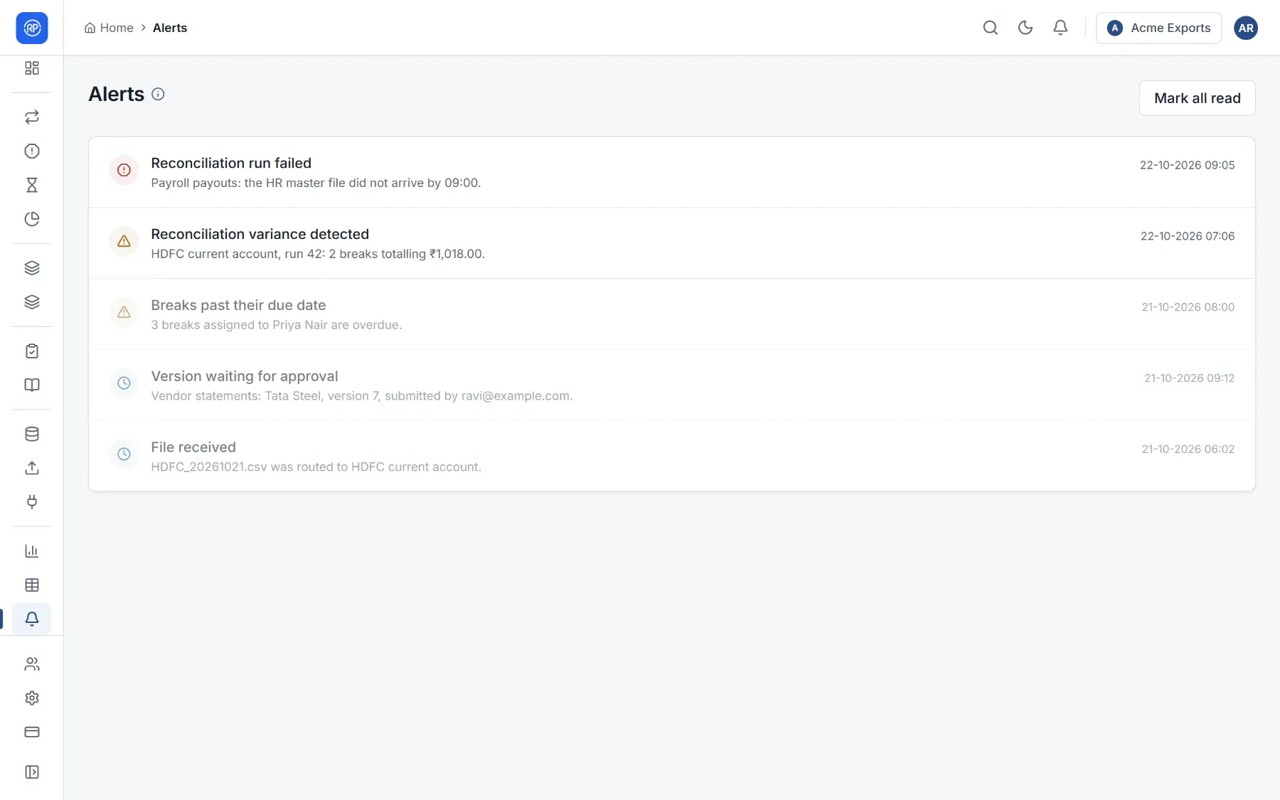 The Alerts page listing an error, two warnings and two information alerts.