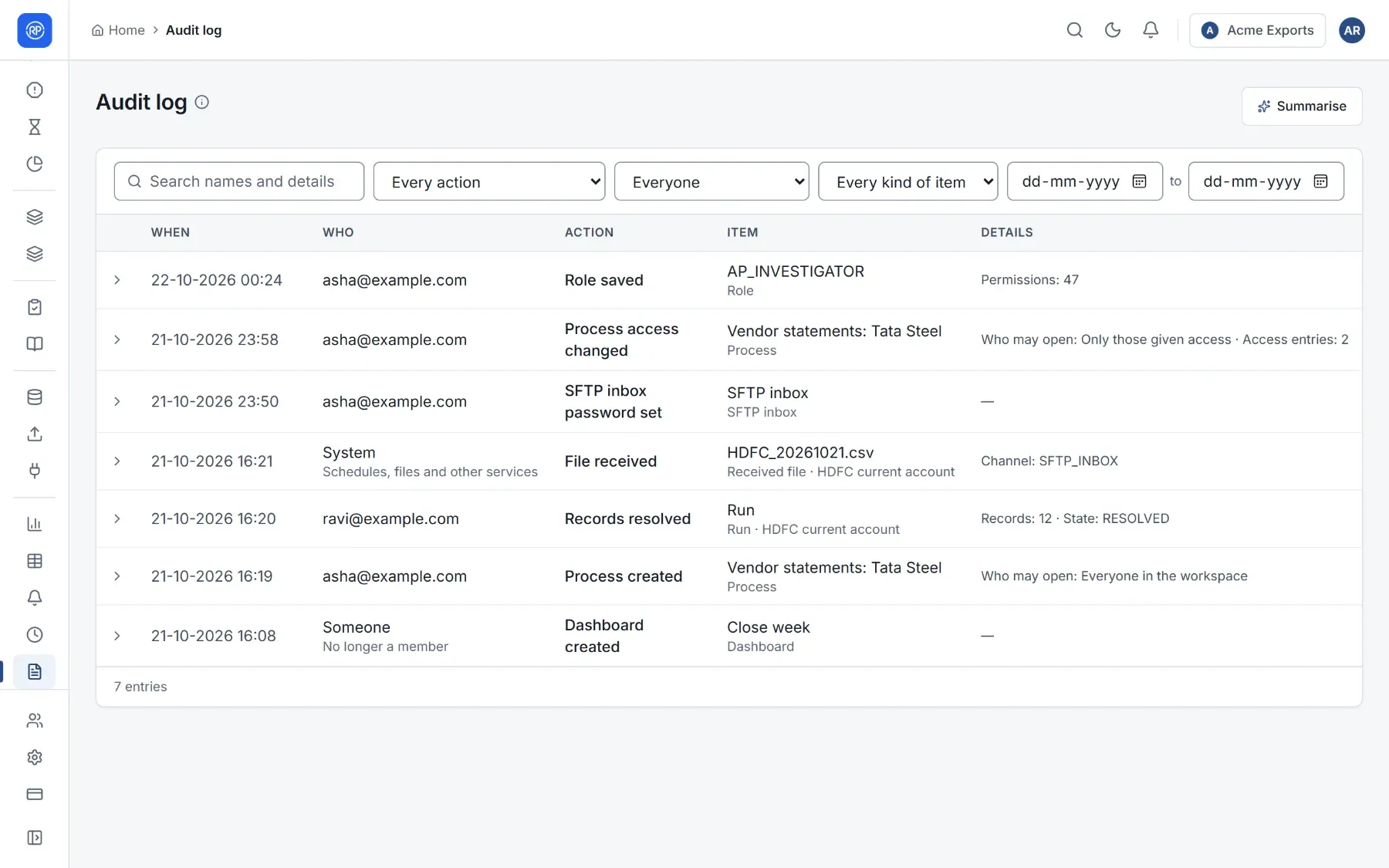 The Audit log listing changes with their time, who made them, the action, the item and the details.
