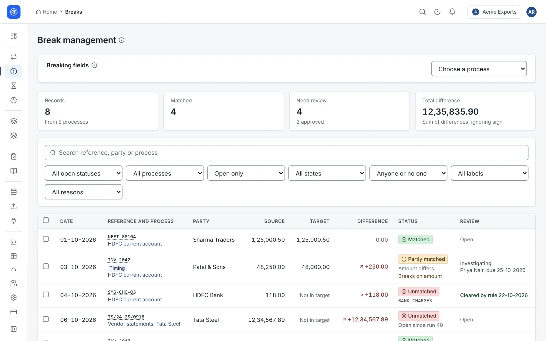 The Break management page with breaking fields at the top, totals, filters and the list of breaks.