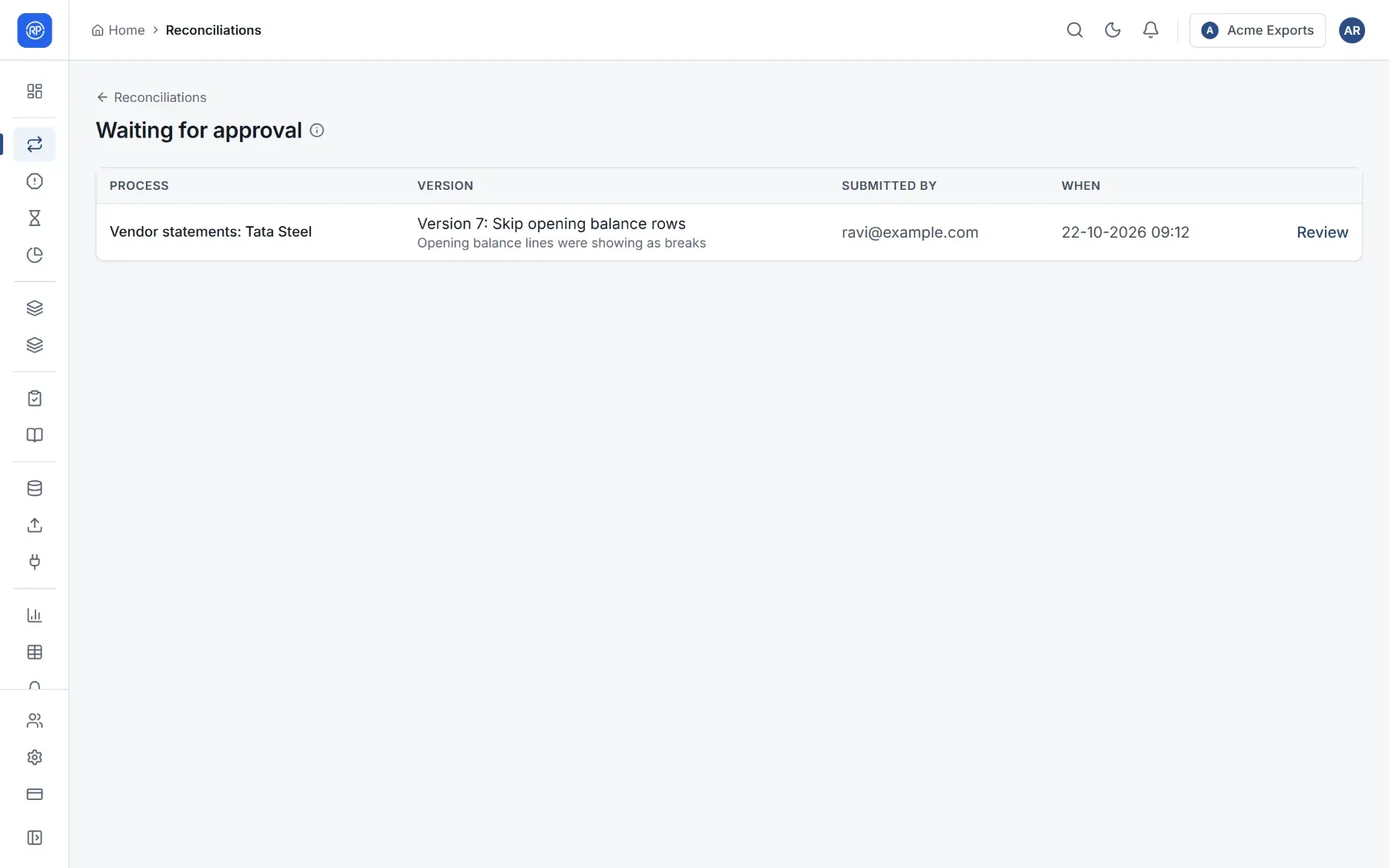The Waiting for approval page listing a submitted version.