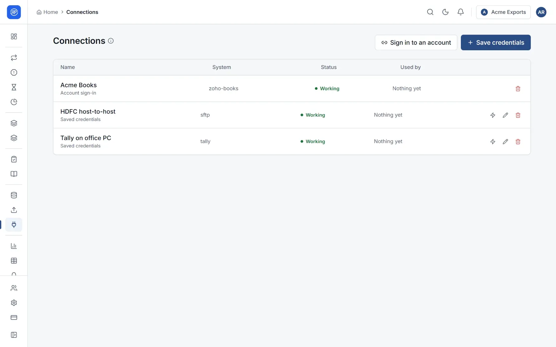 The Connections page listing a signed-in accounting account and saved server credentials.