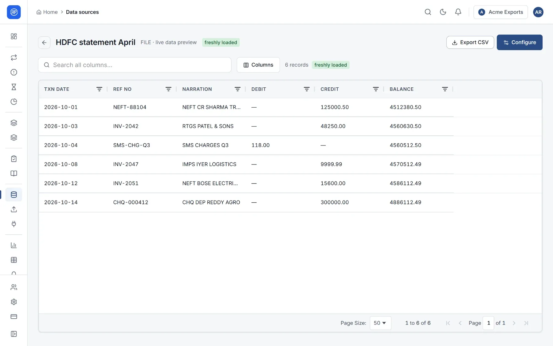 The records of a bank statement data source, with search and column choices.