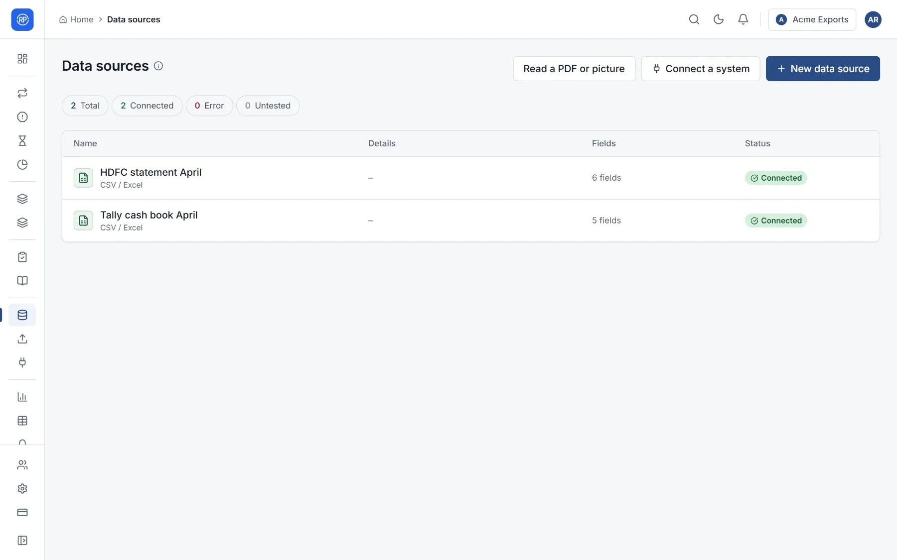 The Data sources page listing two uploaded files with their status.