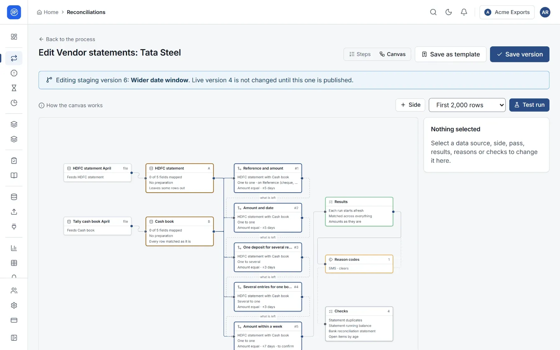 The canvas view showing data sources, sides and matching passes connected as a diagram.