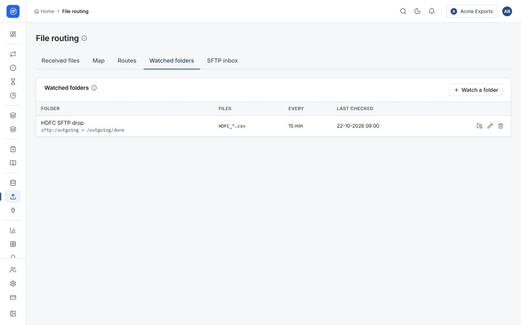 The Watched folders tab listing an SFTP folder being checked every 15 minutes.