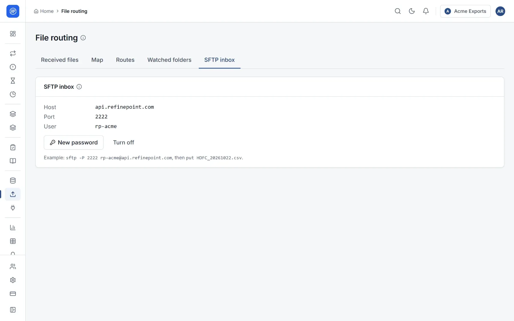 The SFTP inbox tab with its host, port, user and an example command.