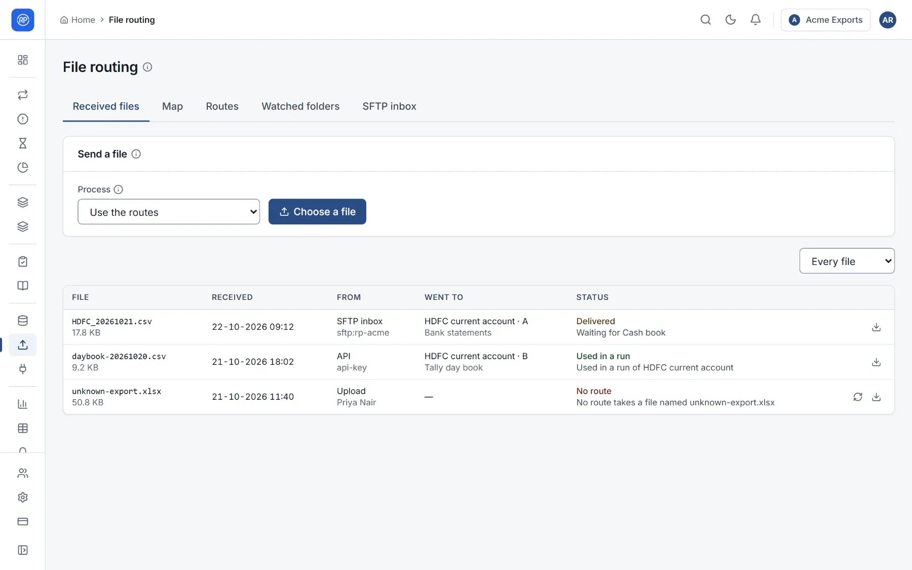 The Received files tab listing files with their channel, destination and status.