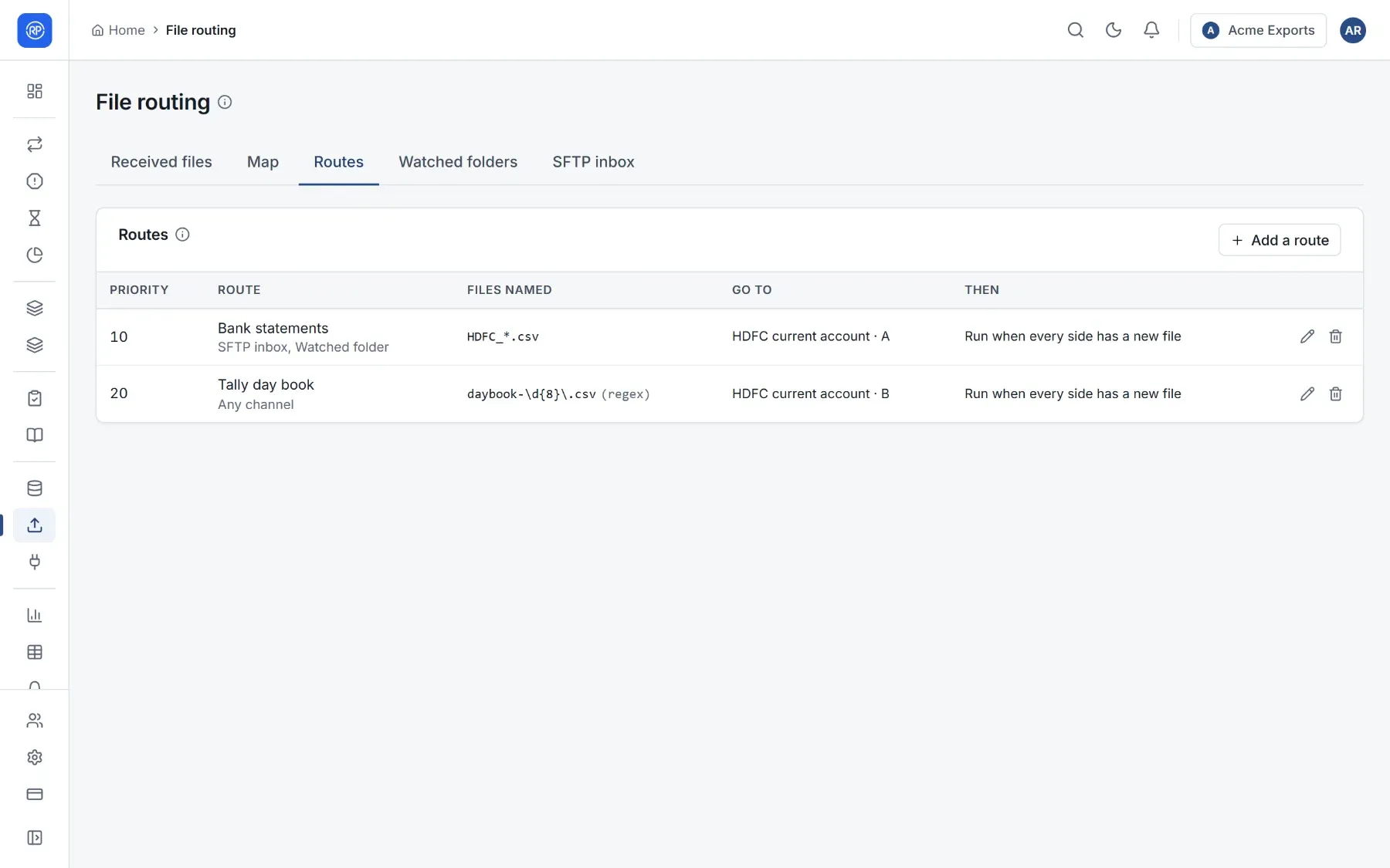 The Routes tab listing two routes with their file name patterns and targets.