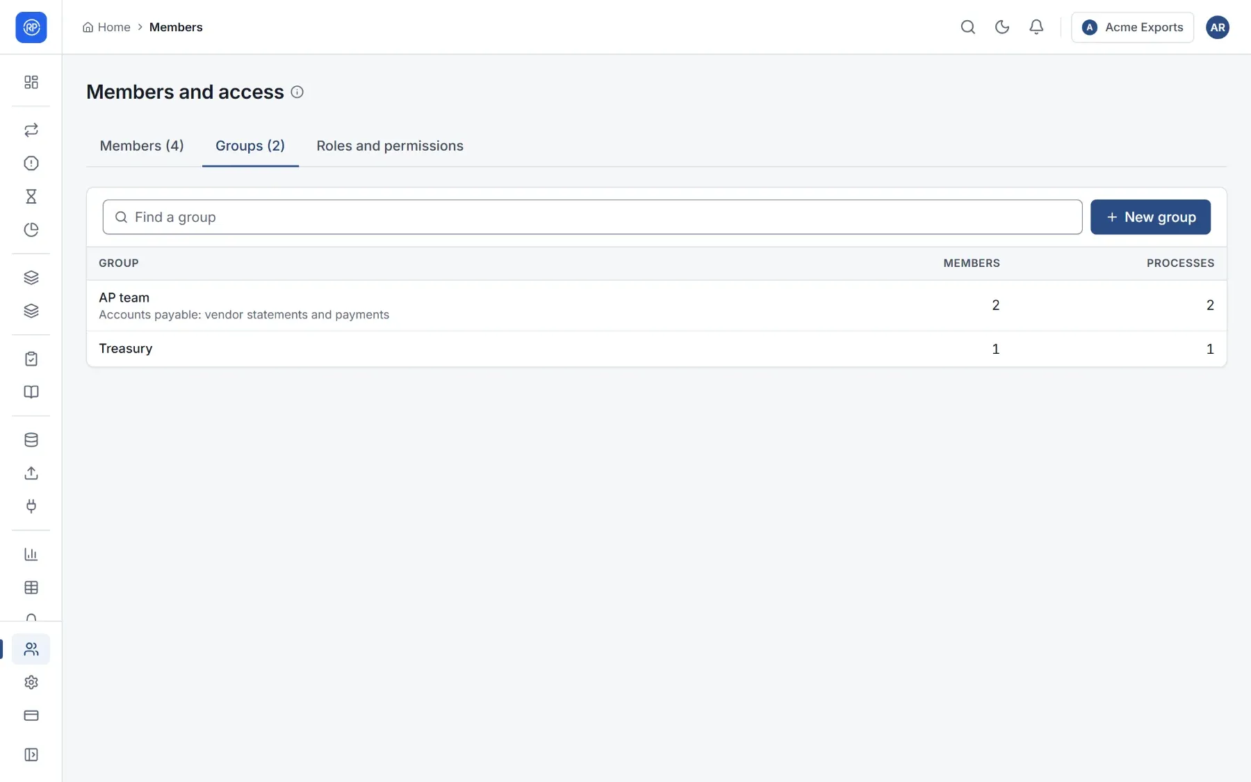 The Groups tab listing two groups with their members and processes.