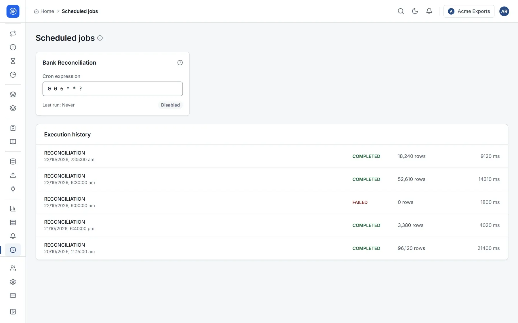 Scheduled jobs: a schedule with its cron expression, and the execution history.