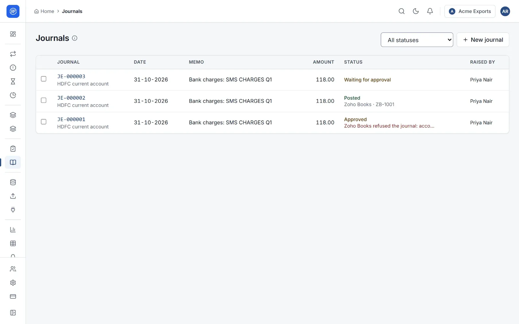 The Journals page listing three journals with their date, memo, amount and status.