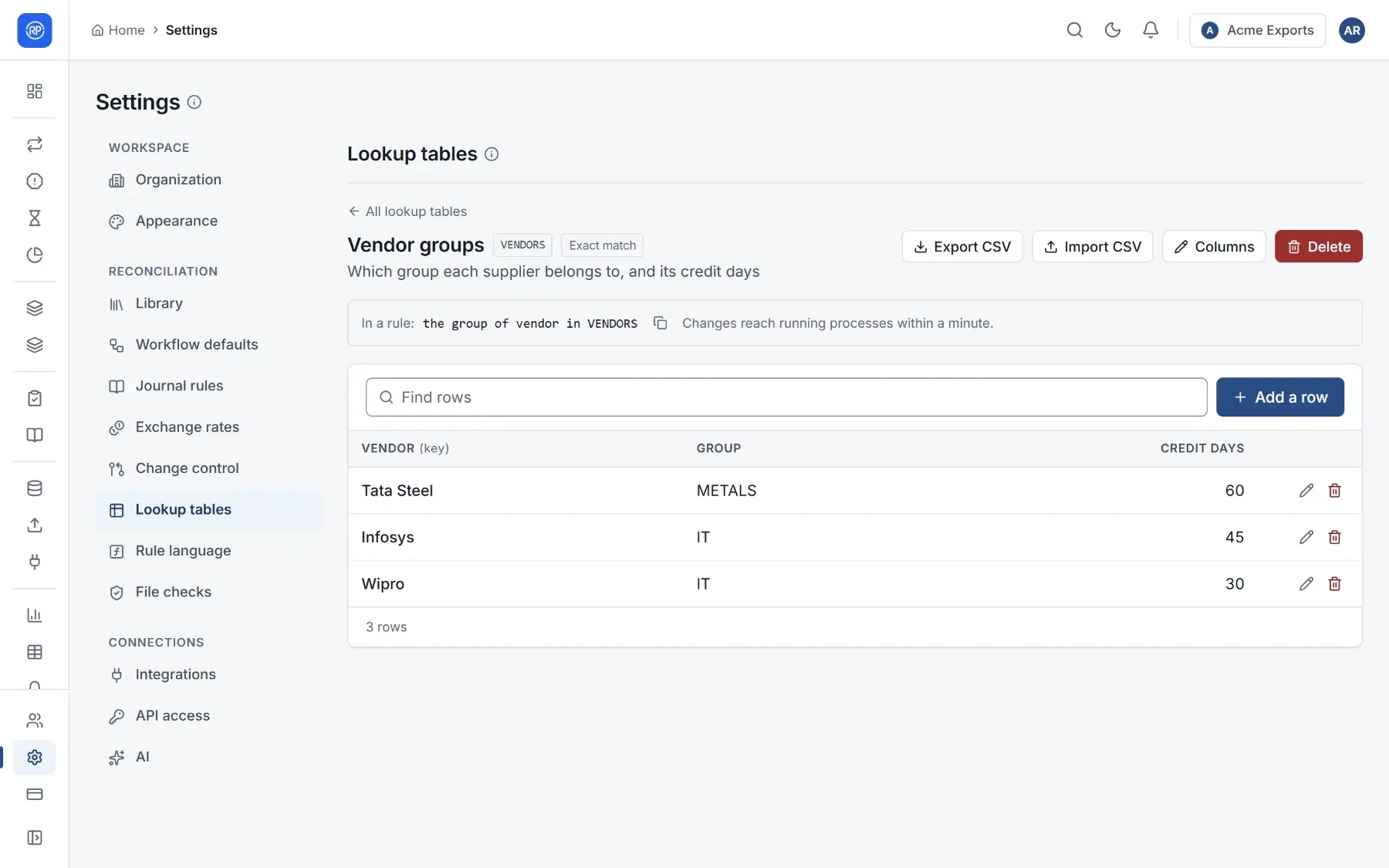 The Vendor groups table with its rows, and how to use it in a rule.