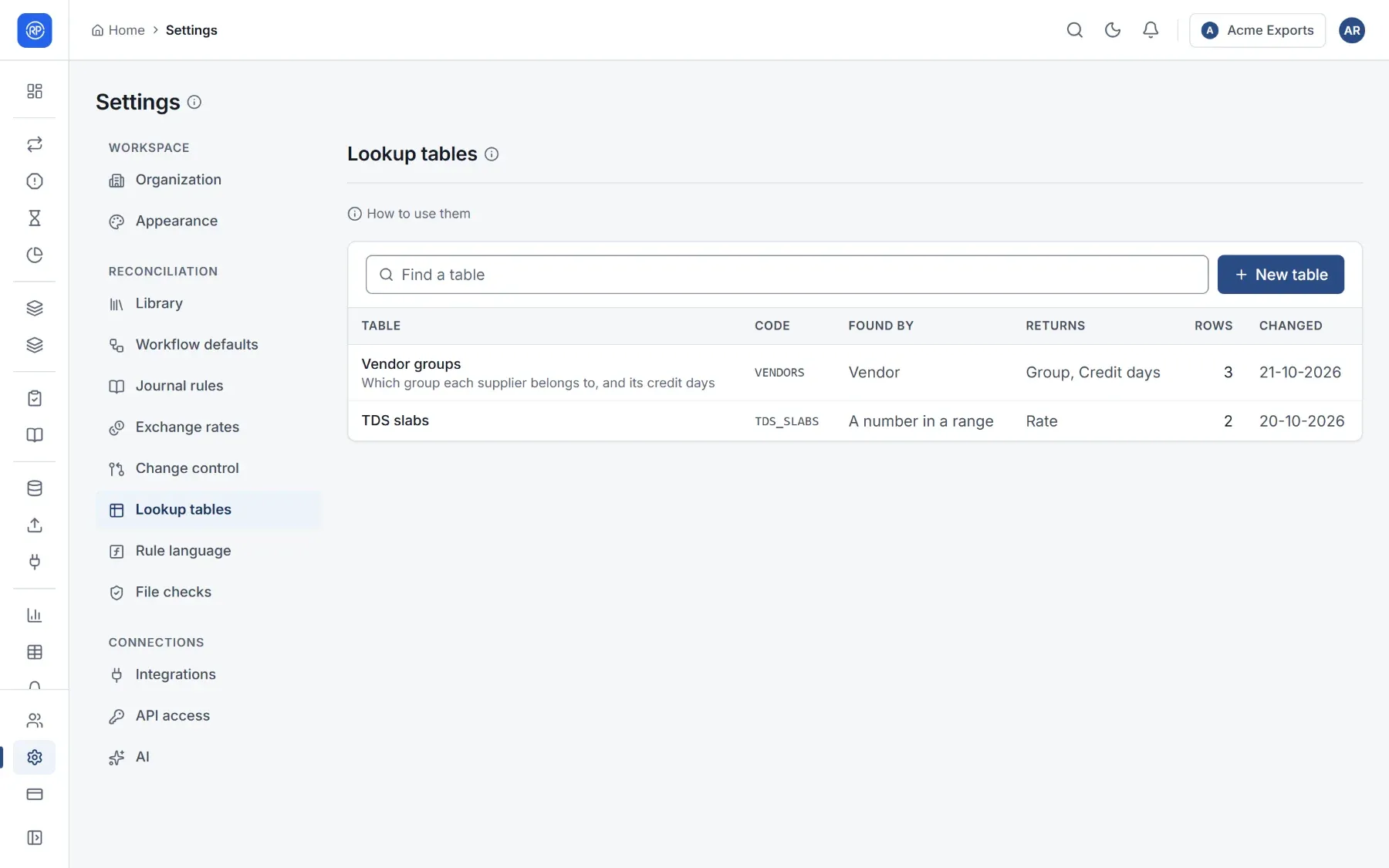 Settings, Lookup tables, listing two tables with how rows are found and what they return.