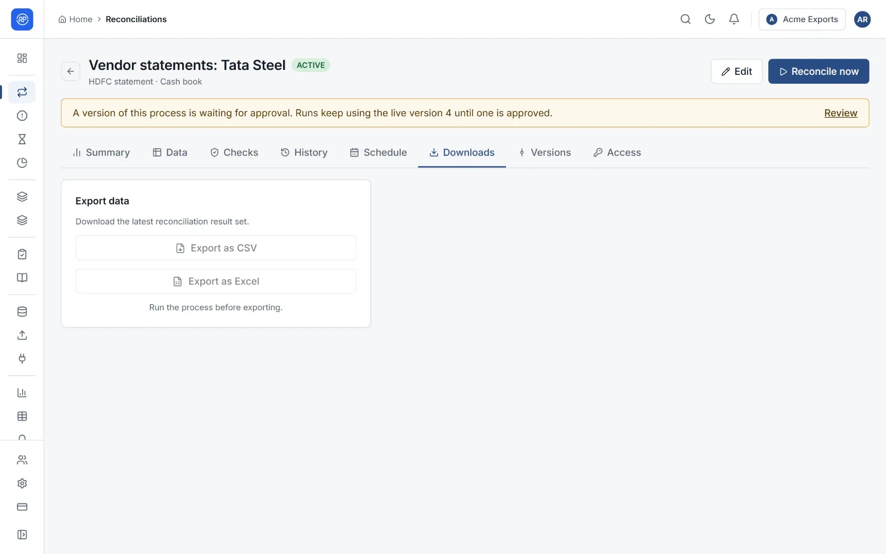 The Downloads tab with Export as CSV and Export as Excel.
