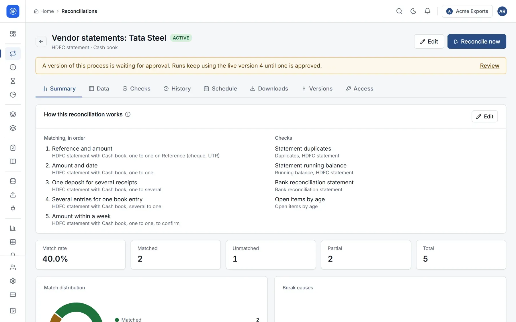 The Summary tab with how the reconciliation works, match rate, and match distribution.