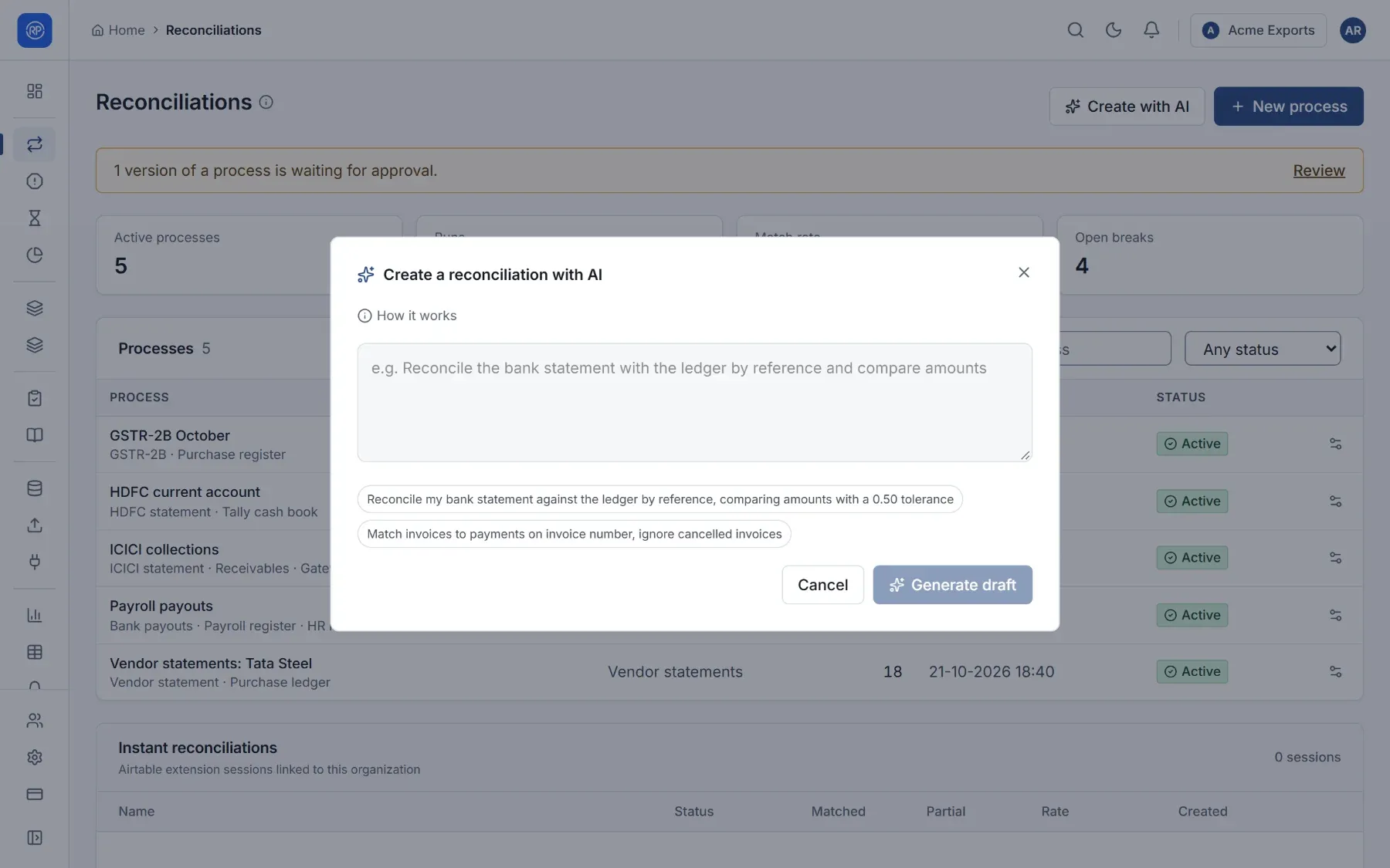 The Create a reconciliation with AI dialog over the Reconciliations page.