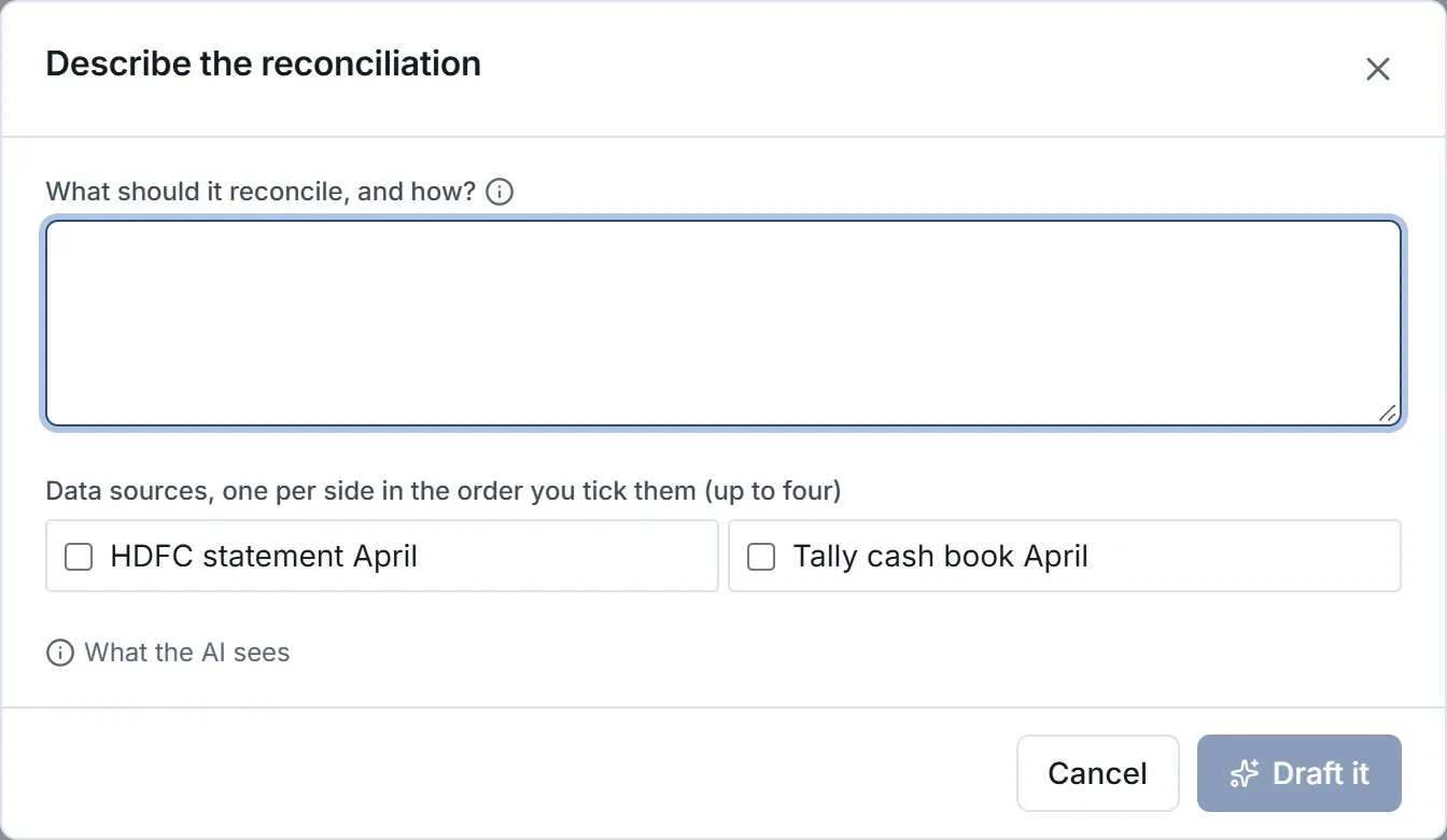 The Describe the reconciliation dialog with a text box and data sources to tick.
