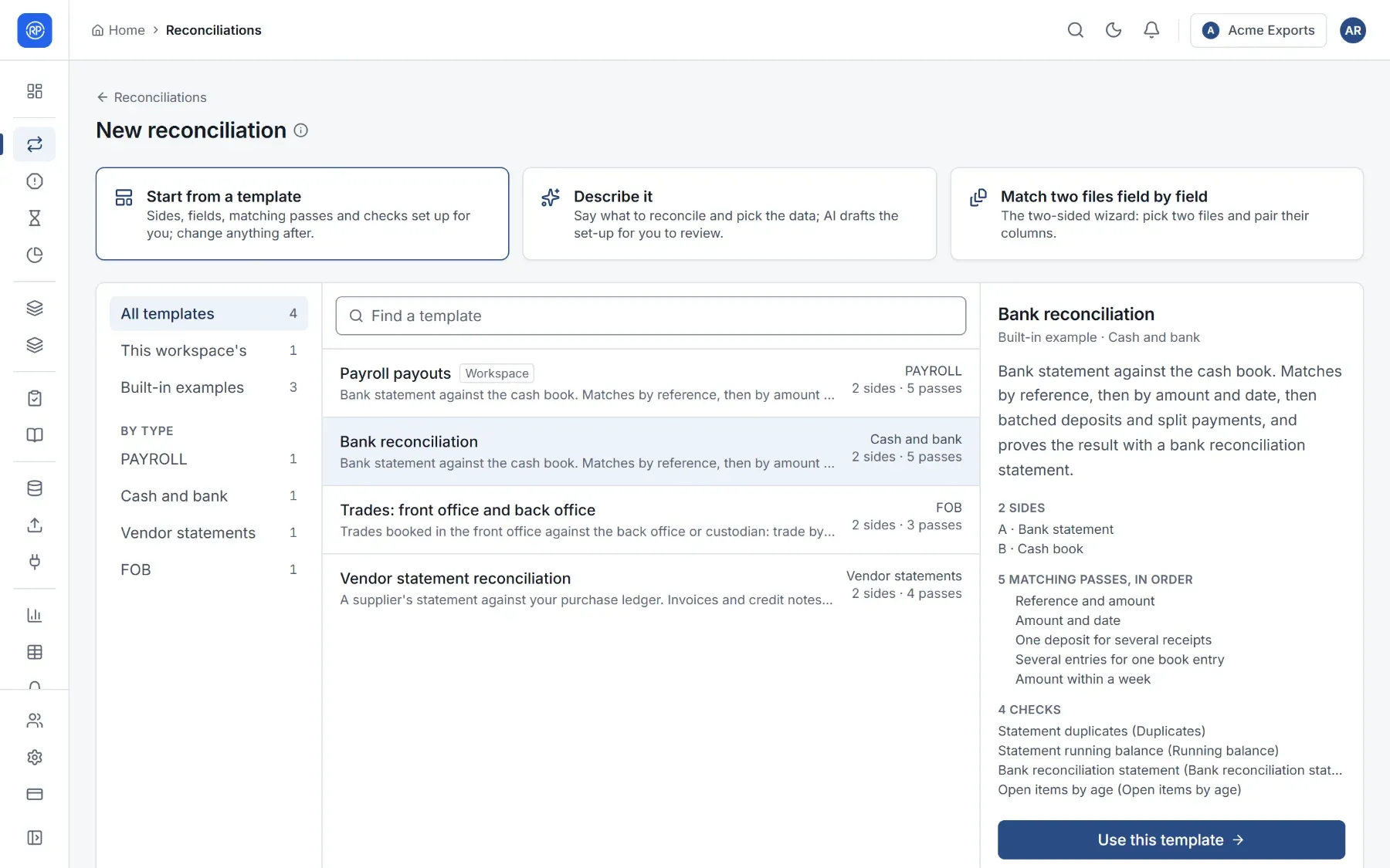 The template picker with the Bank reconciliation template selected and its preview.