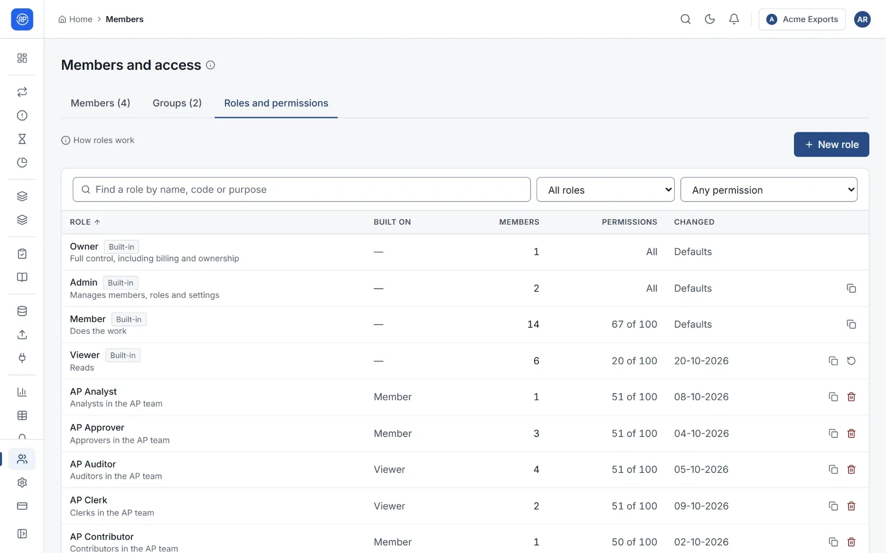 The roles list with built-in roles and the workspace's own roles.