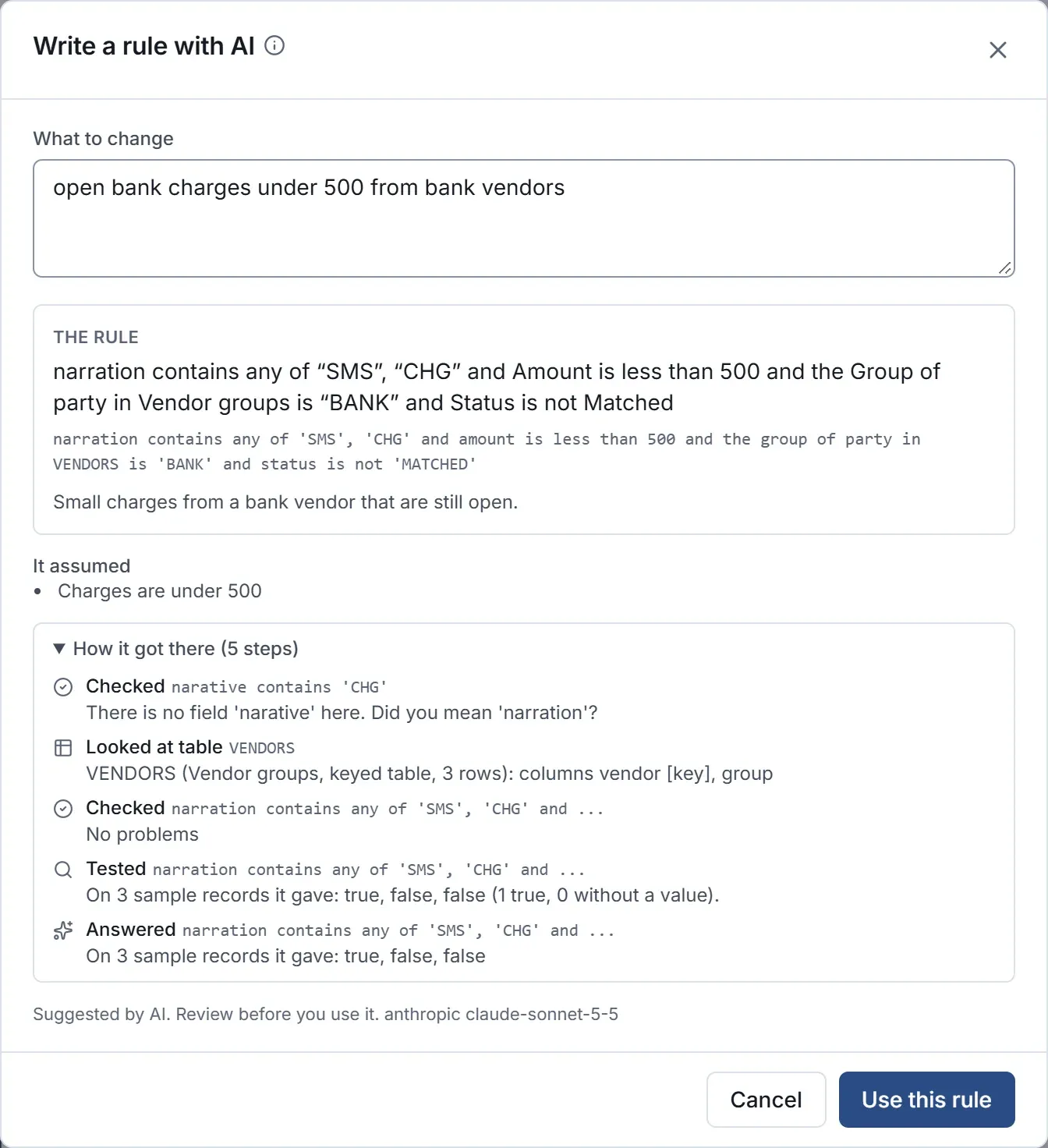 The Write a rule with AI dialog: the request, the rule it wrote in English and as a rule, its assumptions, and its steps.