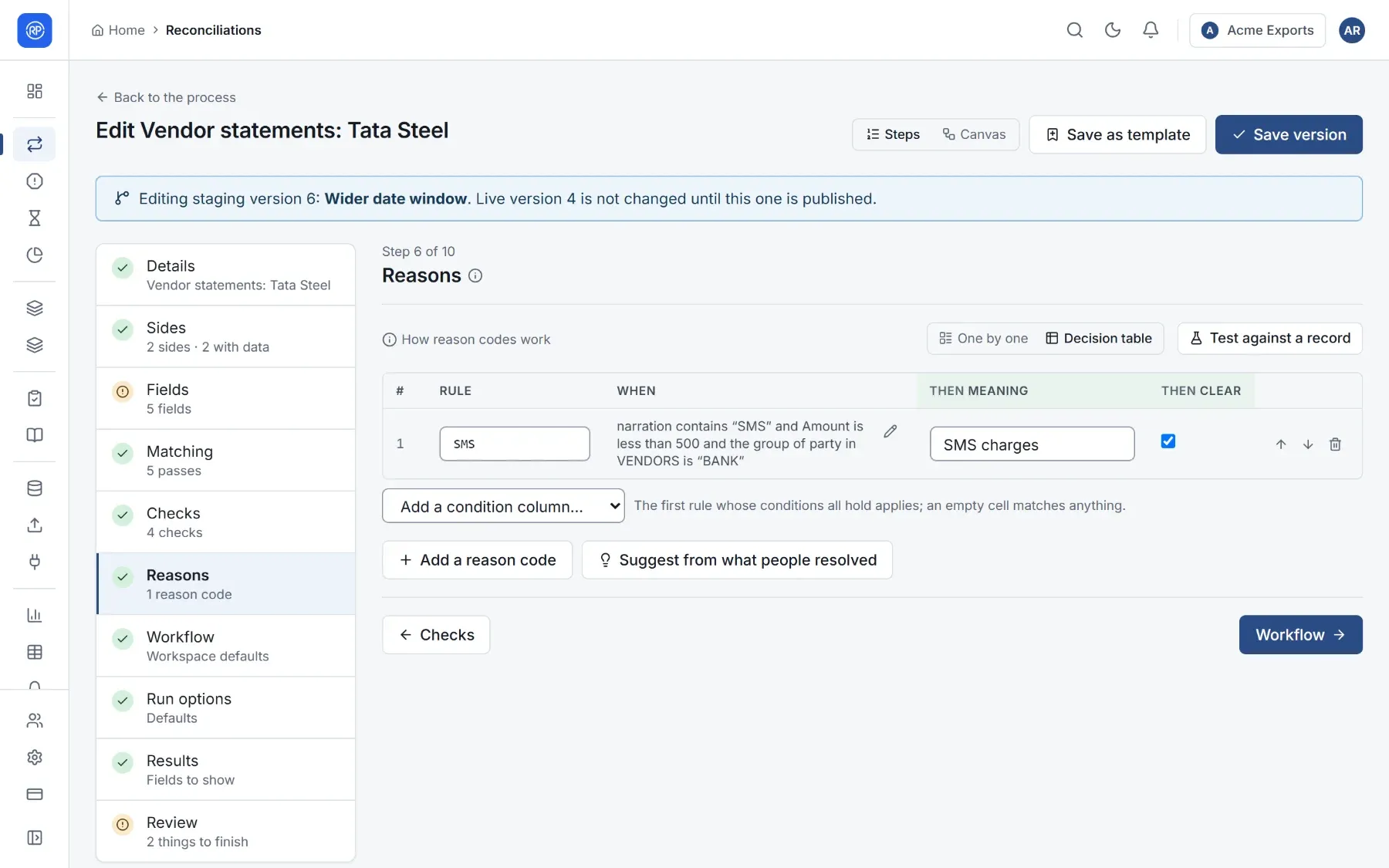 Reason codes shown as a decision table, one row per code.