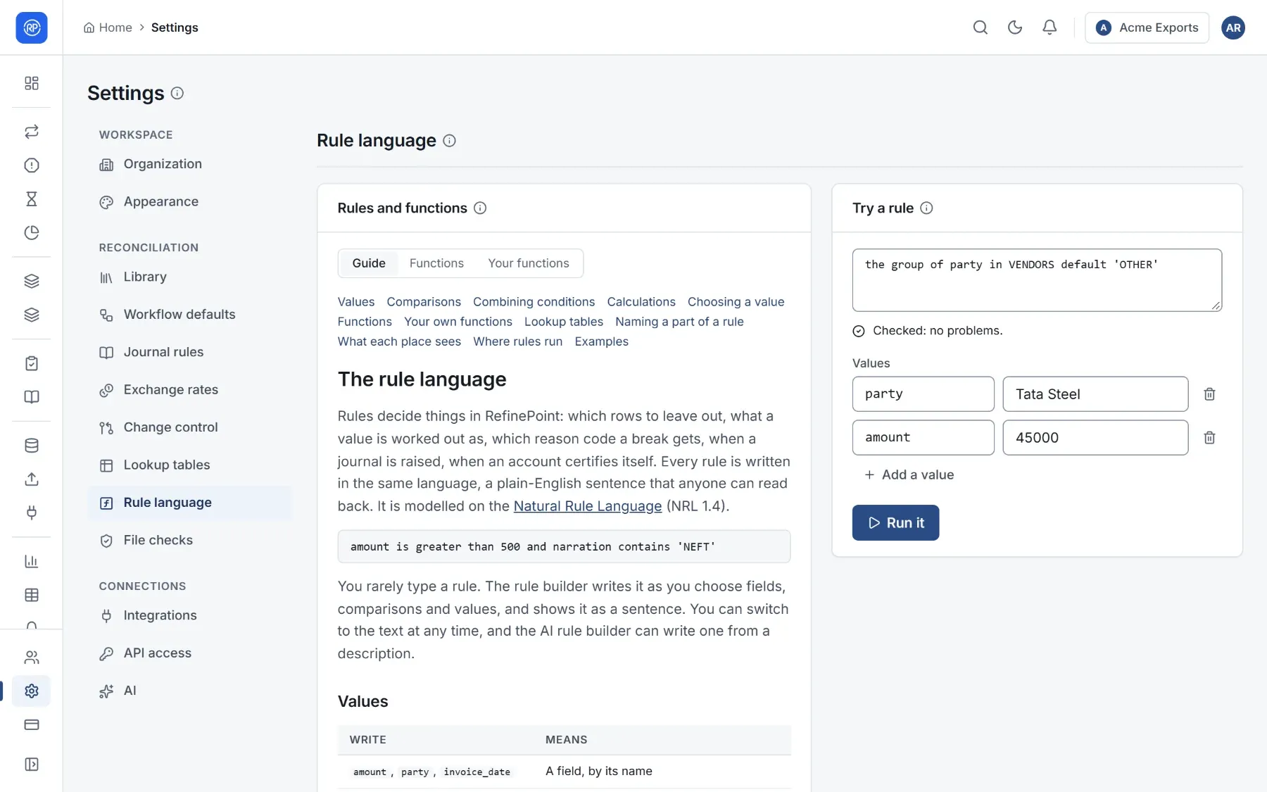 Settings, Rule language: the guide on the left, Try a rule on the right.