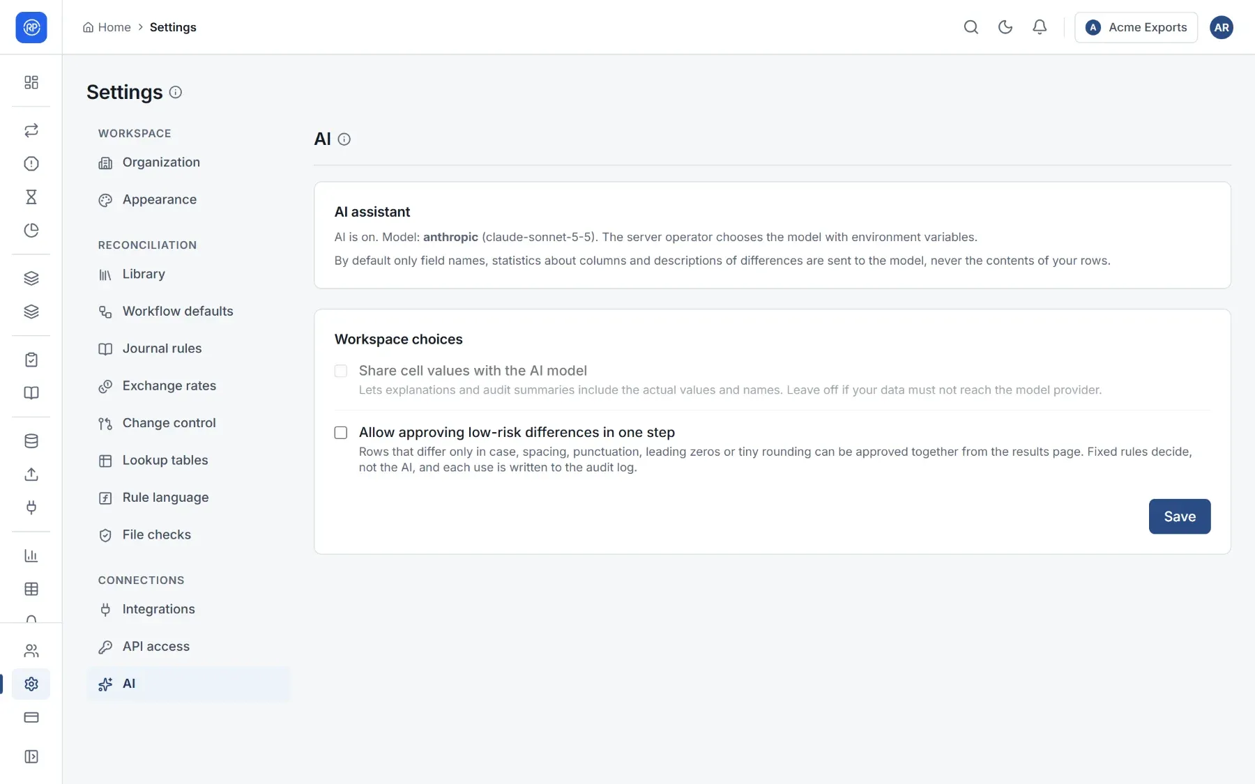Settings, AI: the model in use and the workspace's choices.