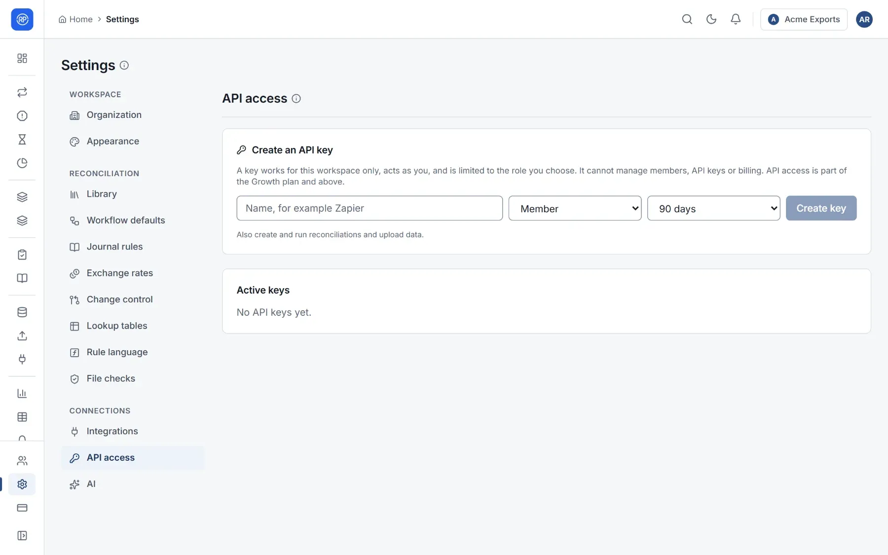 Settings, API access: create an API key with a name, role and expiry.