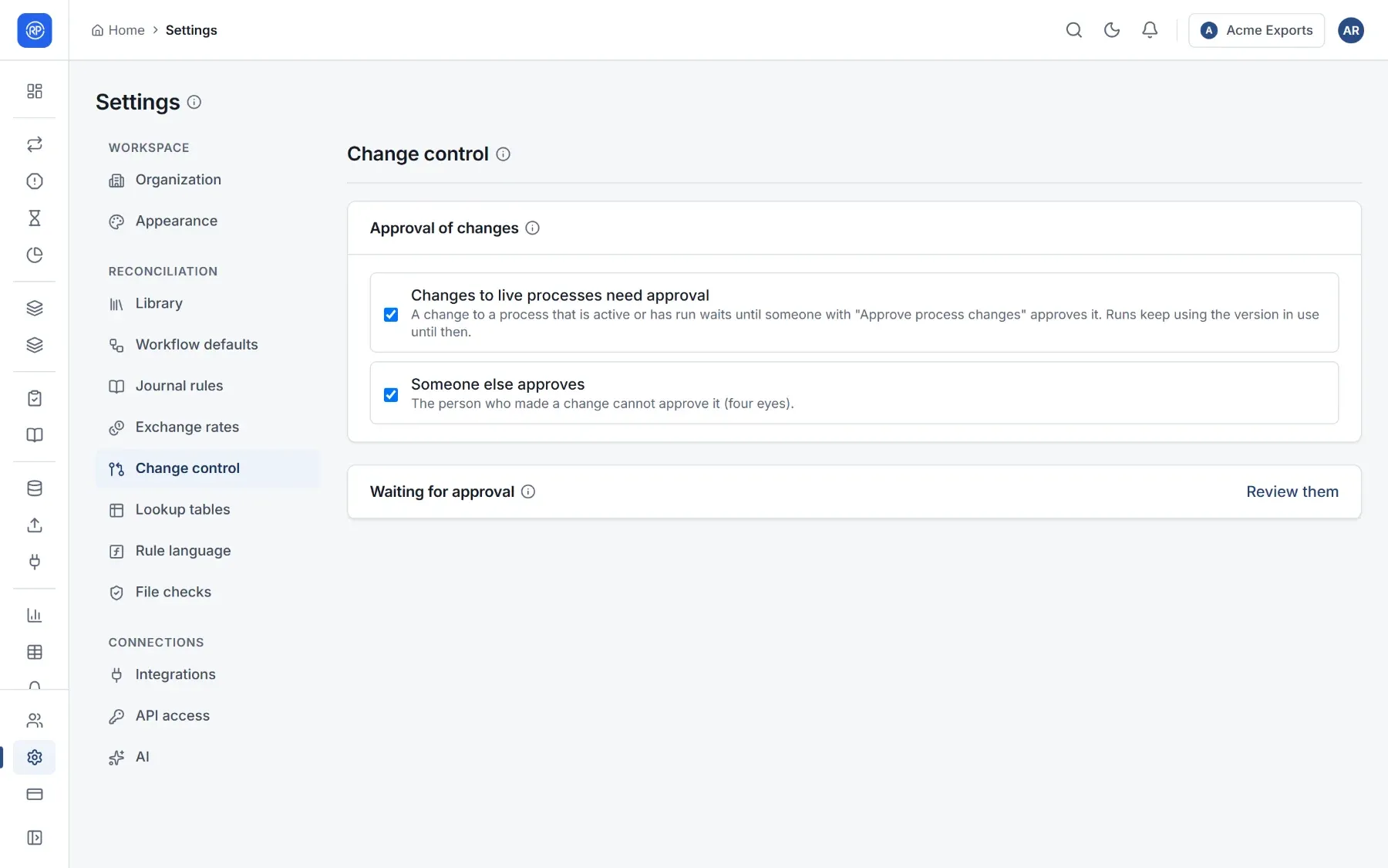 Settings, Change control, with the approval options.