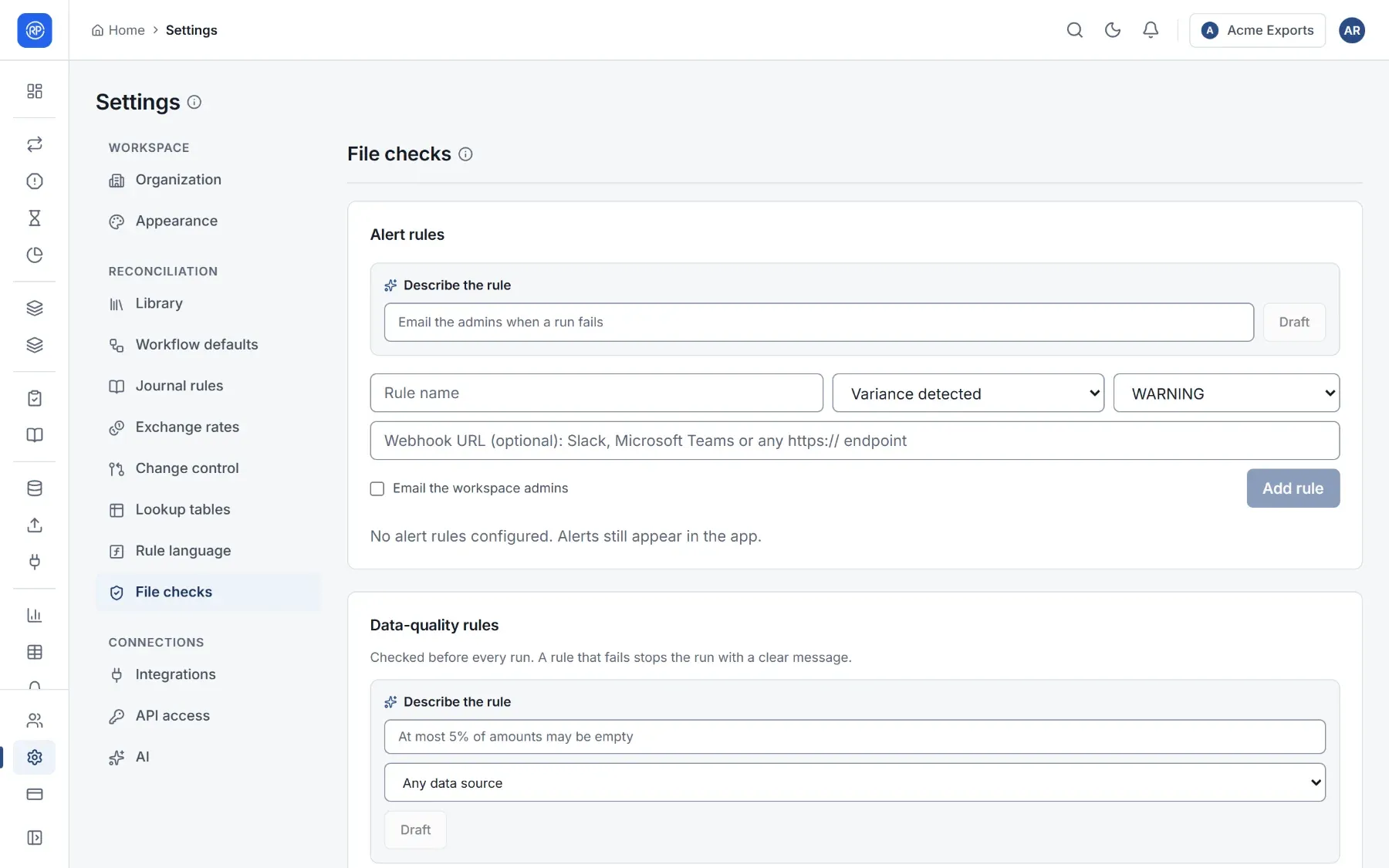 Settings, File checks, with alert rules at the top and data-quality rules below.