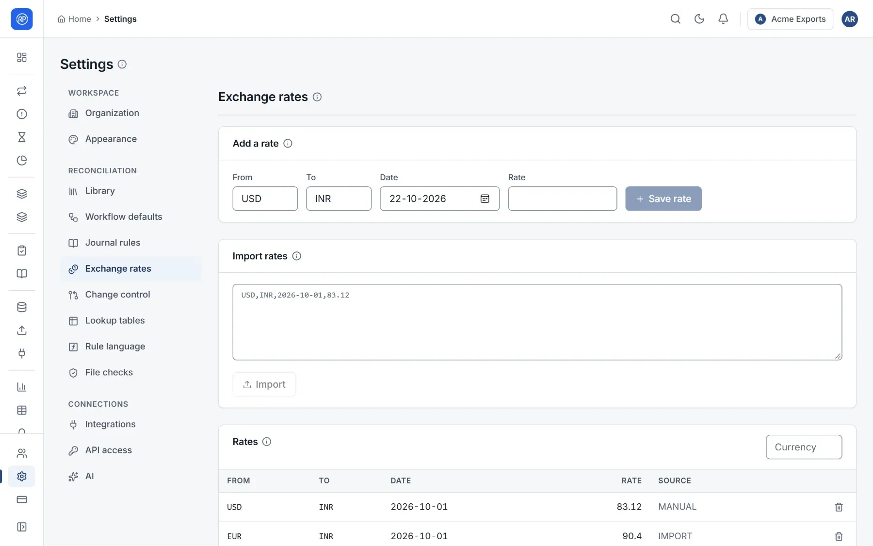 Settings, Exchange rates: add a rate, import rates, and the list.