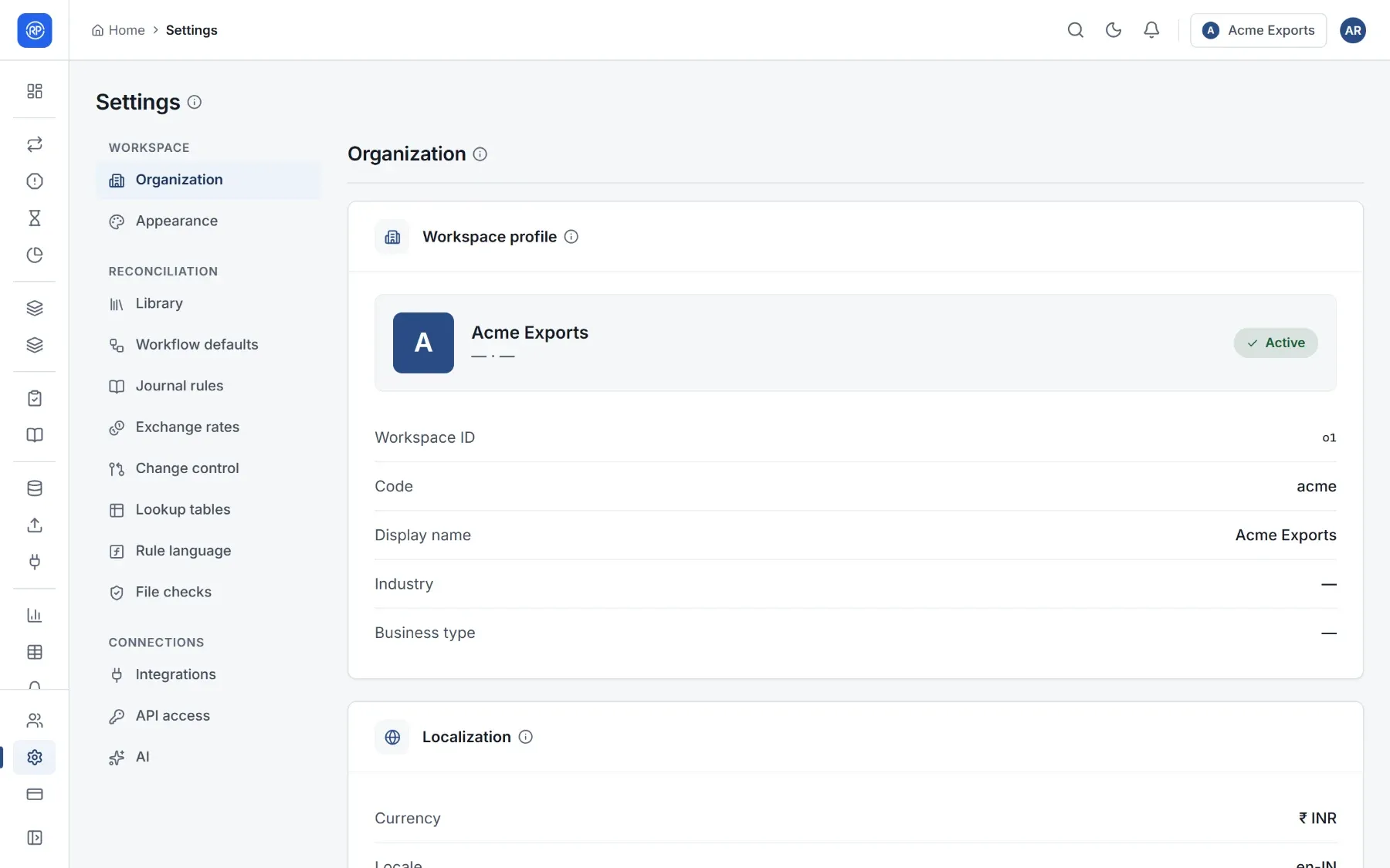Settings, Organization, with the workspace profile and localization.