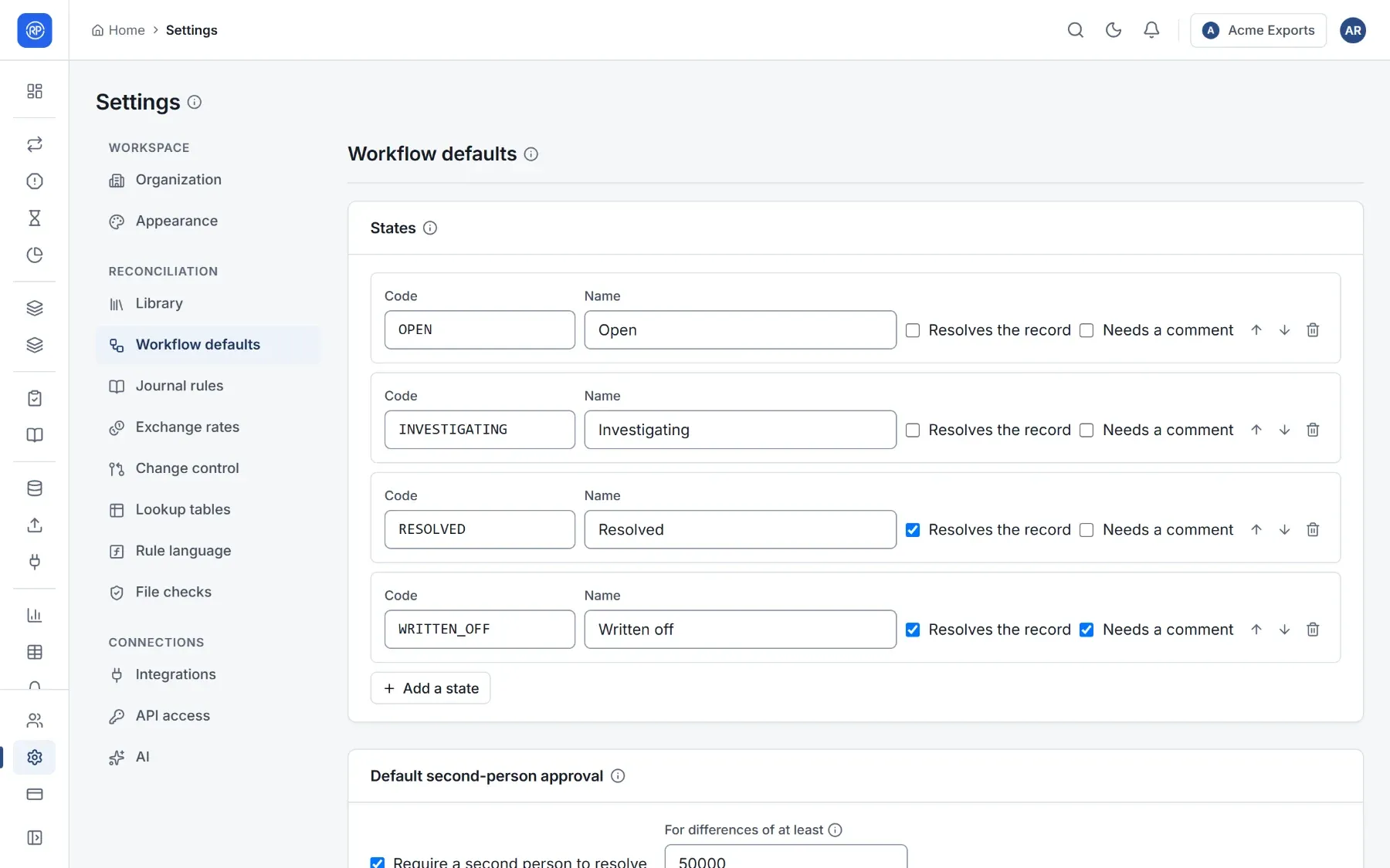 Settings, Workflow defaults, with the states and default approval.