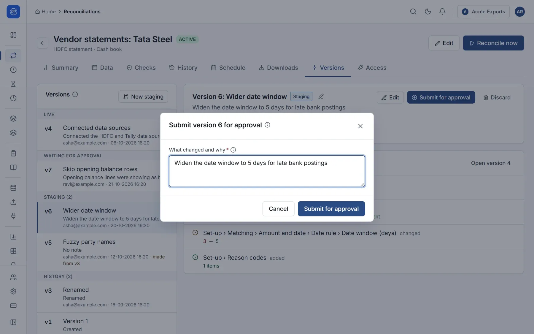 The Submit for approval dialog asking what changed and why.