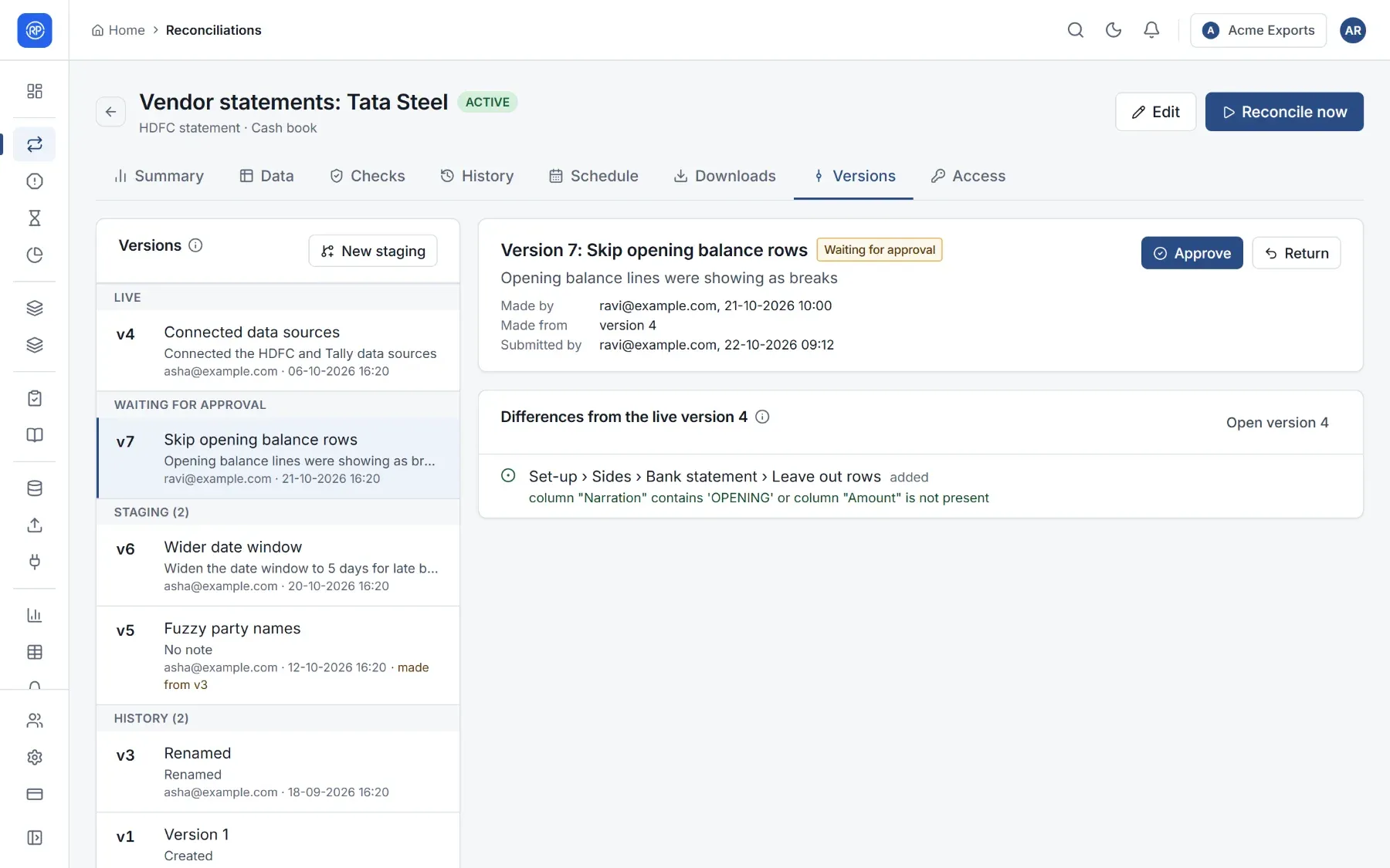 The Versions tab: the live version, one waiting for approval, two staging versions and history, with the selected version's differences.
