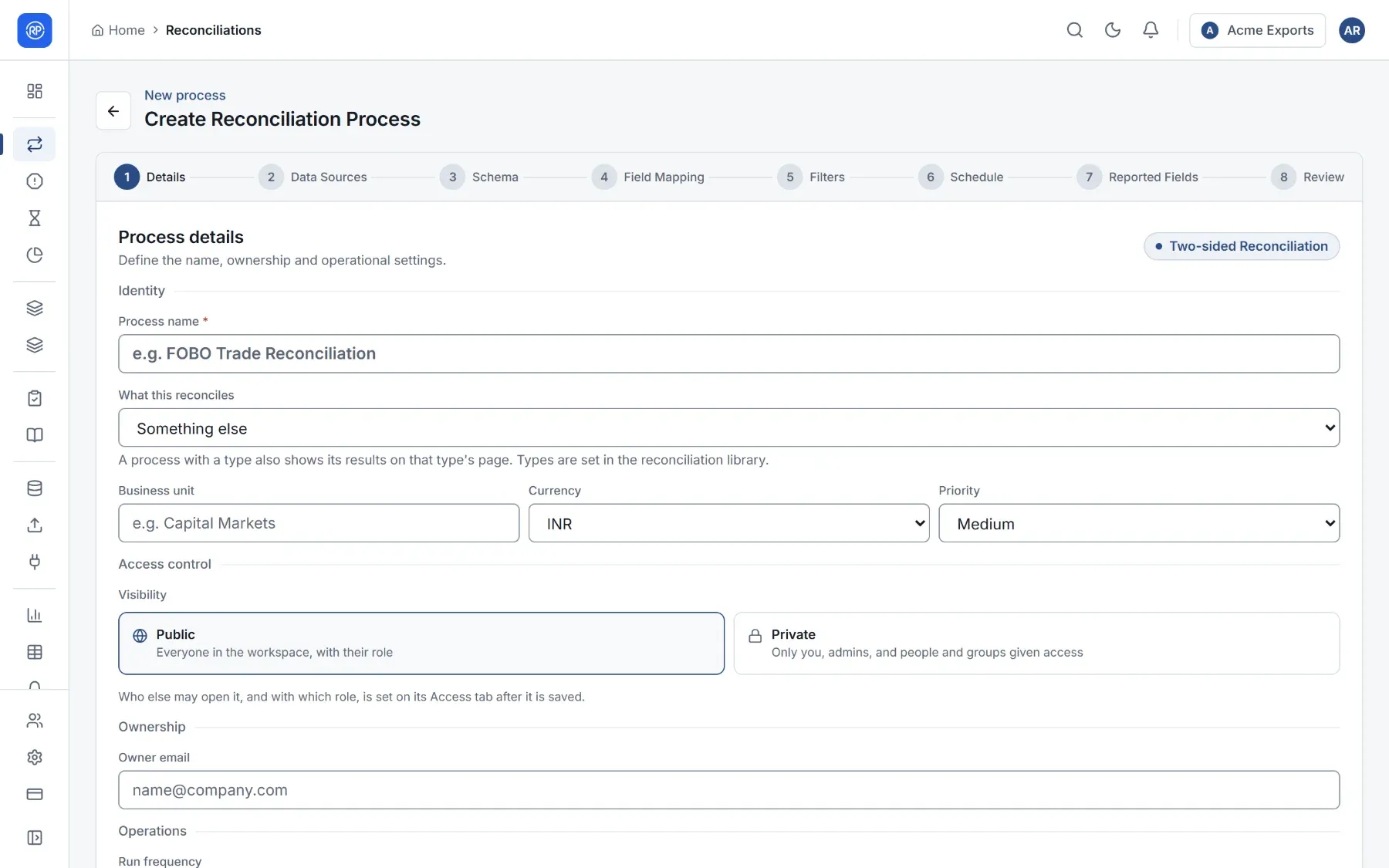 The first step of the two-file wizard, asking for the process name and settings.