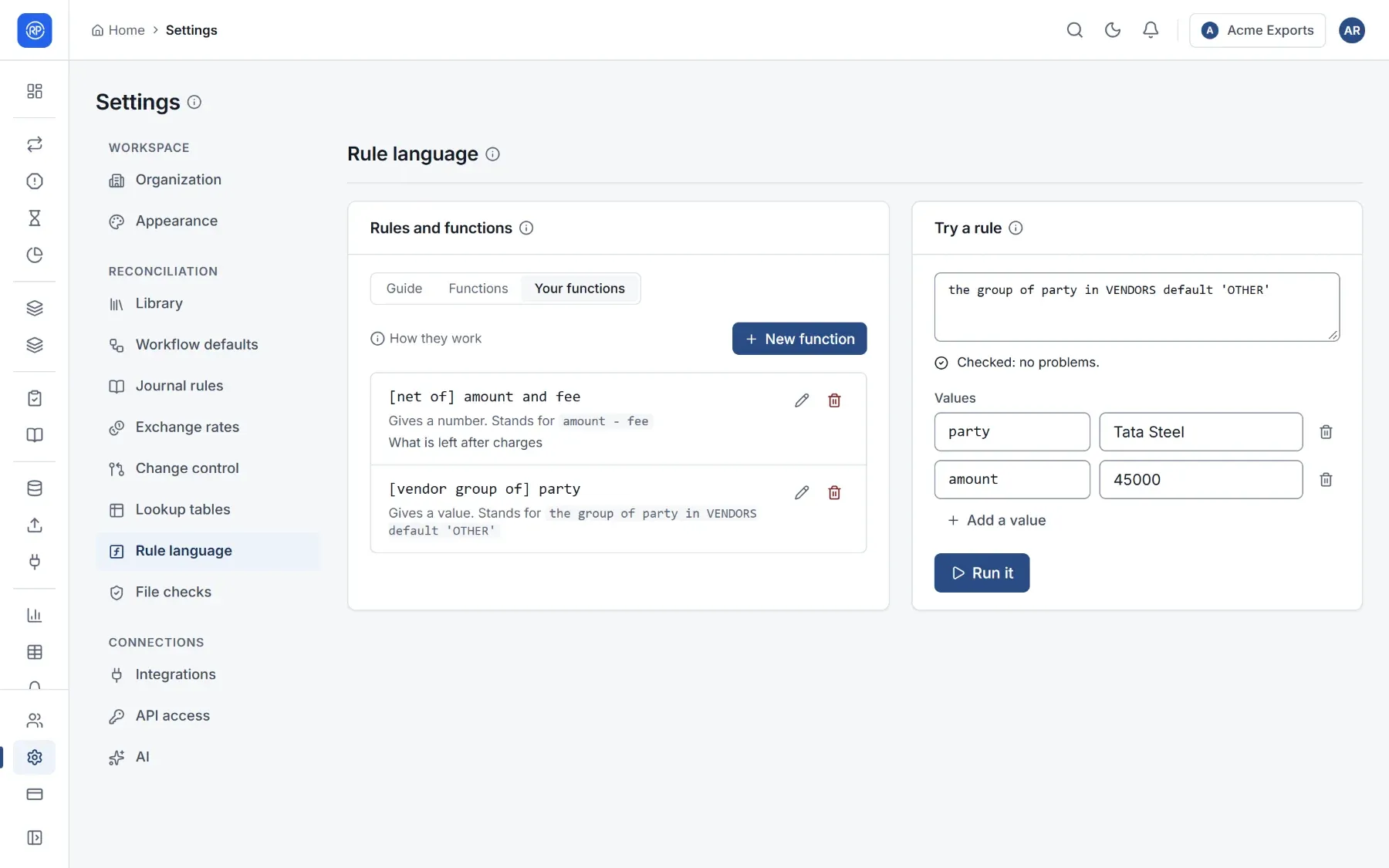 Settings, Rule language, Your functions, listing two functions with what they stand for.